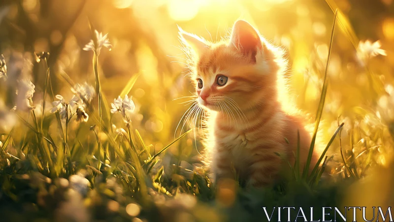 Orange kitten in warm sunset field with soft wildflowers.