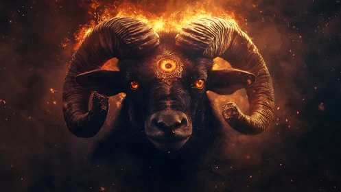Fiery three-eyed ram head in smoky inferno portrait.