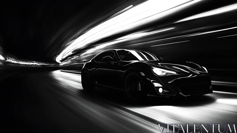 Black sports coupe racing through abstract light tunnel.