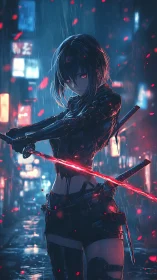Neon rain falls as a cyberpunk swordswoman readies her strike
