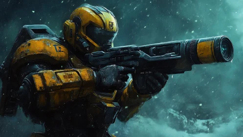 Armored marksman stabilizes long-range rifle in frozen blizzard