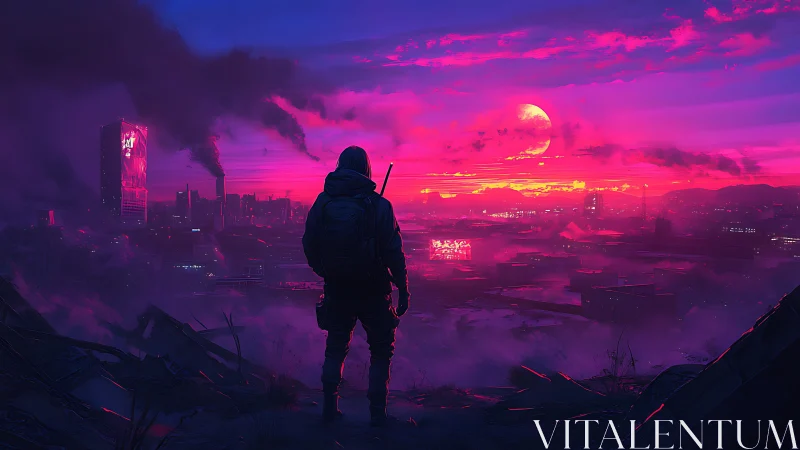 Lone wanderer gazes over neon pink cyberpunk sunrise.