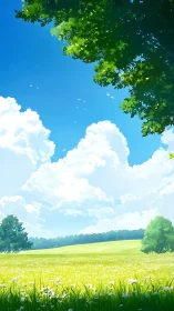 Sunlit meadow daydream under towering summer clouds.