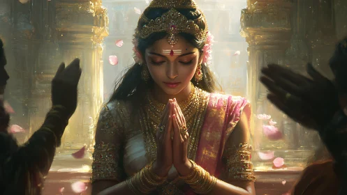 Devotional woman in temple with folded hands and petals.