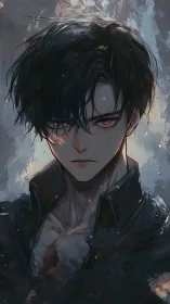 Storm-eyed antihero rises from gloom with ember-lit gaze.