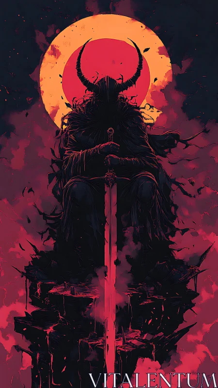Horned dark figure sits with sword before red eclipse