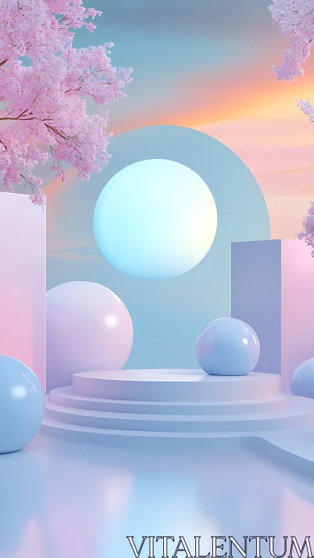 Pastel 3D stage with spheres, arch, and stylized trees
