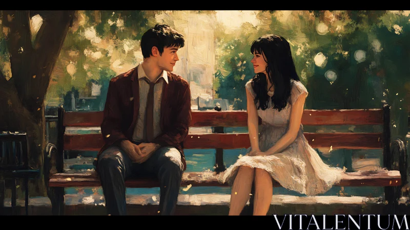 Two figures seated on wooden bench in verdant park with bokeh lighting effects.