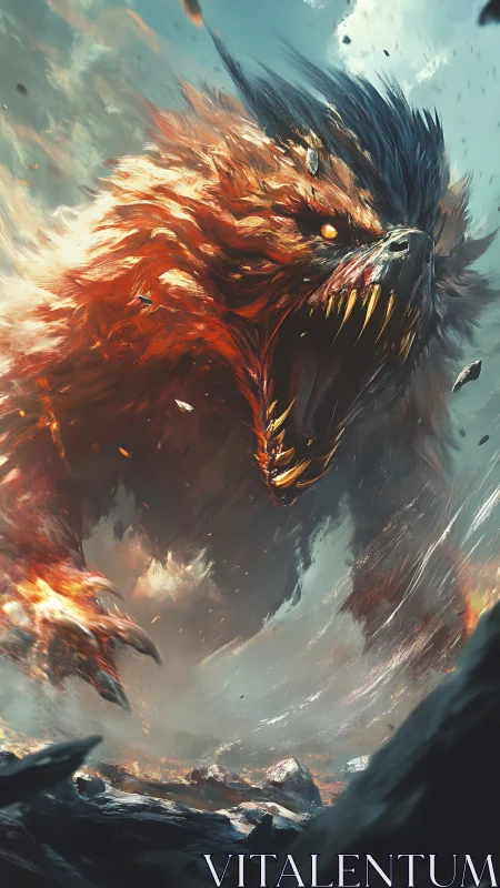 Infernal beast erupting from storm-torn volcanic wasteland.
