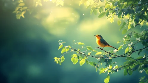 Vibrant songbird on leafy branch in dreamy sunlit forest scene.
