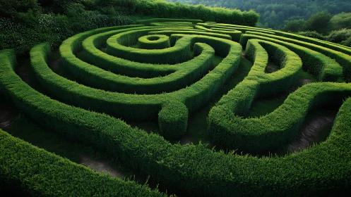 Spiral topiary hedge labyrinth in dense forested landscape