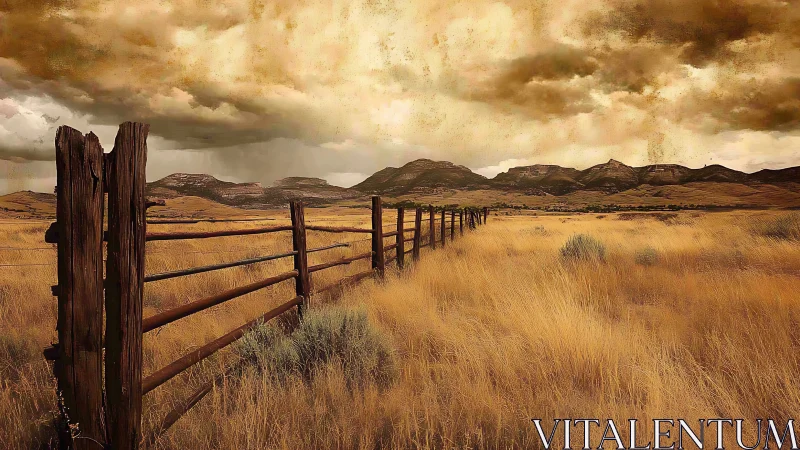 Weathered ranch fence divides golden prairie beneath storm clouds.