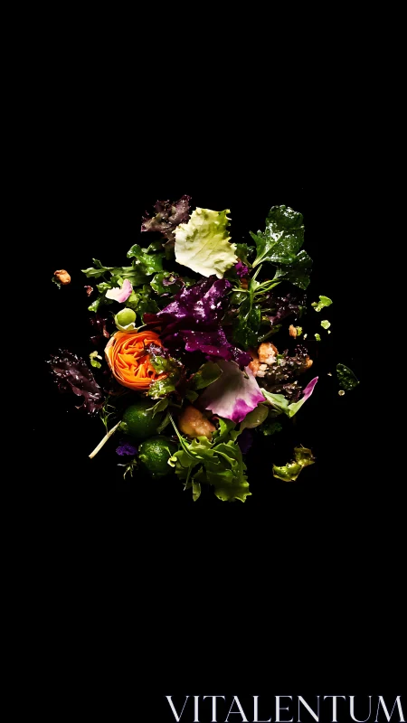 Floating gourmet salad splash in dramatic low-key light.