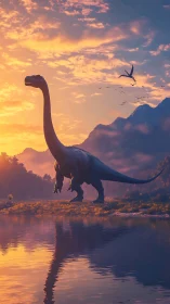 Sauropod silhouette strides through crepuscular lakeside haze