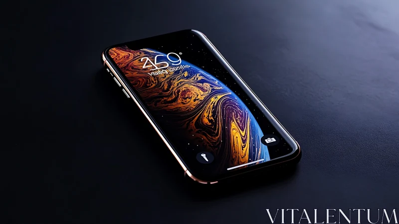 iPhone XS Max displaying liquid gold wallpaper against darkness.