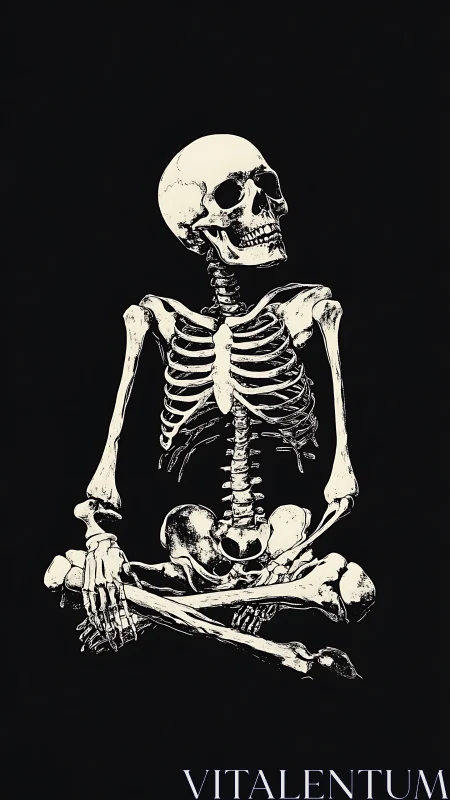 Seated human skeleton rendered in stark monochrome contrast