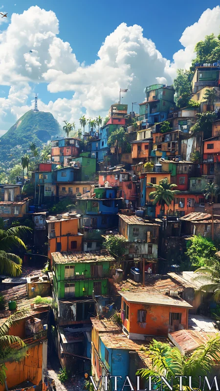 Colorful hillside favela basks under towering tropical clouds