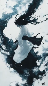 Inkstorm Dancer in White, swirling through painted voids.