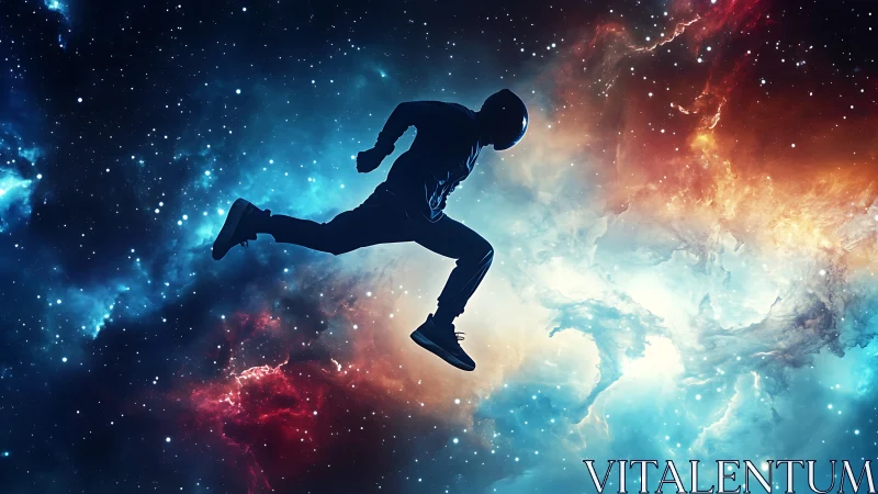 Silhouetted astronaut sprinting through vivid cosmic nebula