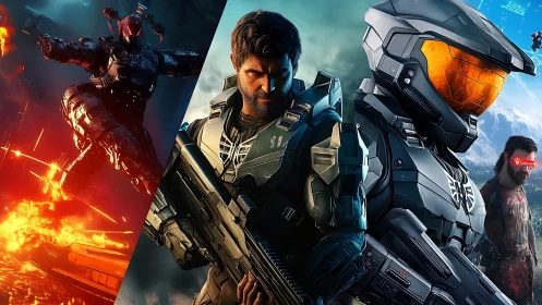 Futuristic armored soldiers in intense sci fi battle scene.