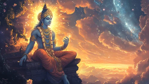 Divine blue deity meditates before radiant celestial dawn