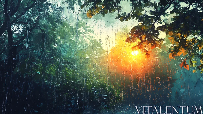 Rainfall over dense forest with warm sunset glow.