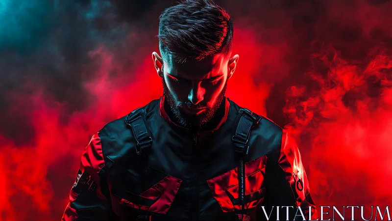 Stoic male figure in tactical jacket amid red smoke.