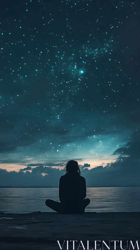 Silhouetted shoreline observer under dense stellar canopy at dusk.