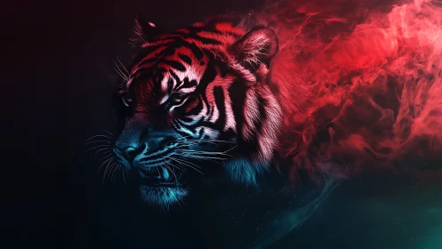 Bengal tiger profile in neon cyan and magenta vapor diffusion