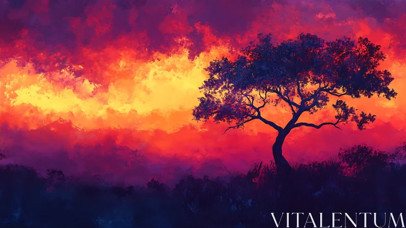 Silhouetted tree against luminous magenta-orange skyscape.