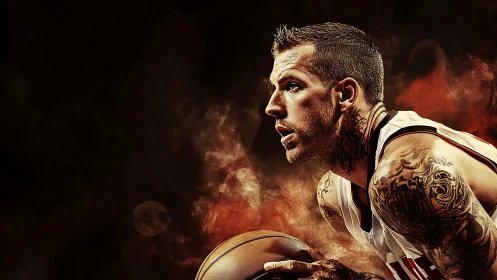 Tattooed basketball player in dramatic digital portrait.