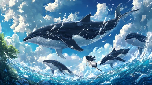 Dynamic anime seascape renders airborne whales with layered splash effects