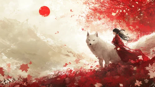 Crimson wanderer and white wolf beneath a distant scarlet sun.