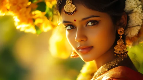 Golden-eyed portrait in soft floral evening light.