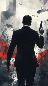 Backlit agent silhouette confronts aerial attack in urban skyline