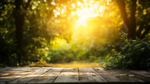 Sunlit wooden table in soft-focus forest clearing glow.