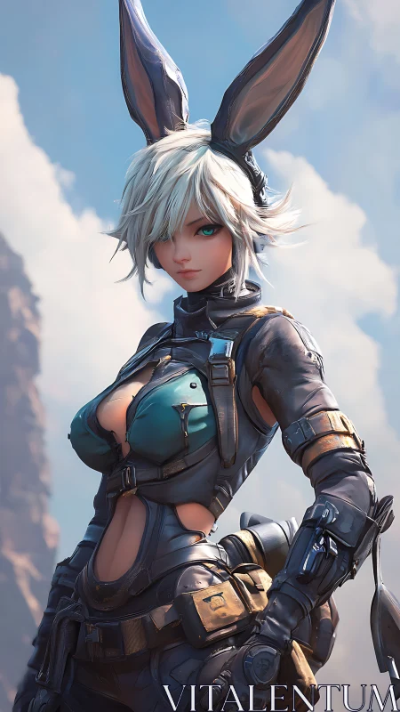 Cyber rabbit warrior stands in rugged sunlit canyon.