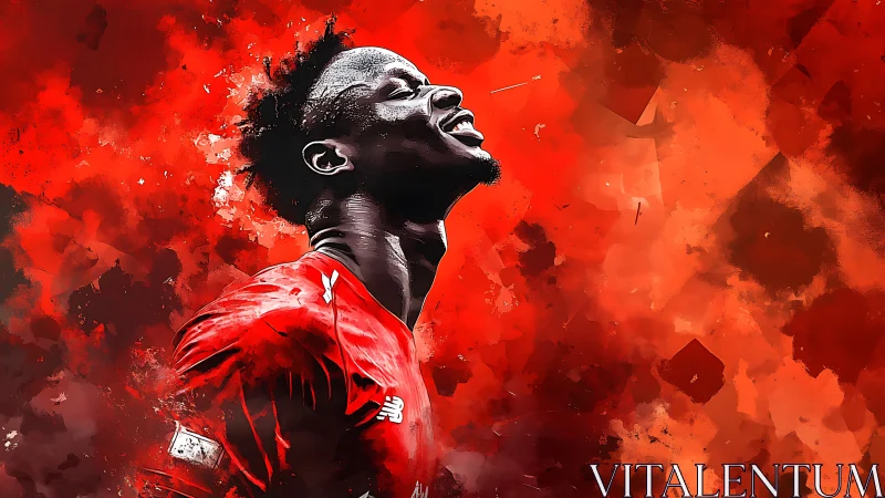 Kinetic digital portrait of exultant footballer in red field.