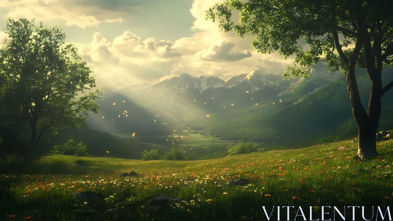 Sunlit mountain valley is observed from a grassy hillside