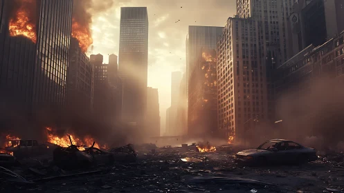 Post-impact urban fire corridor under volumetric smoke bloom.