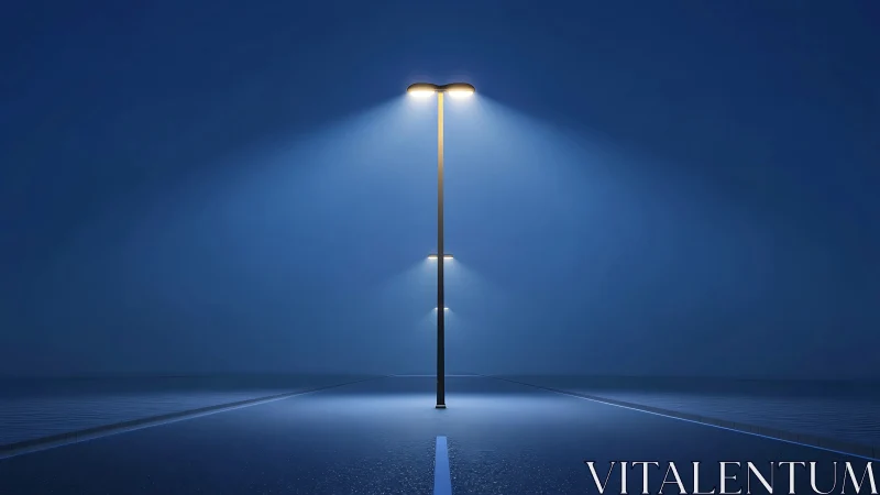 Symmetric road lamp casting volumetric beams in blue night haze