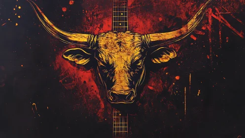 Longhorn skull fused with guitar on fiery grunge field.