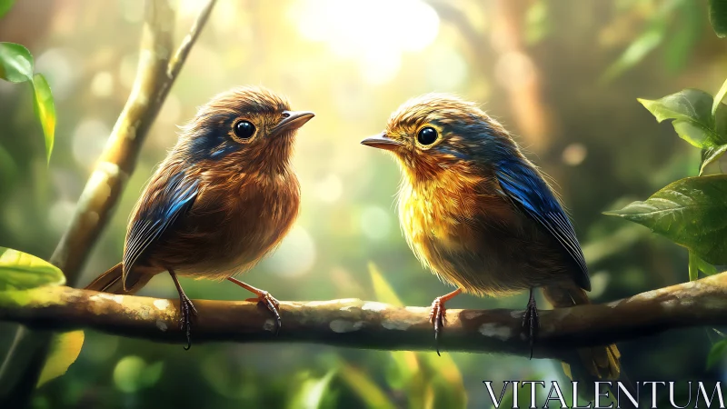 Two Colorful Birds Perched on Branch in Sunlit Forest, Realistic Art.
