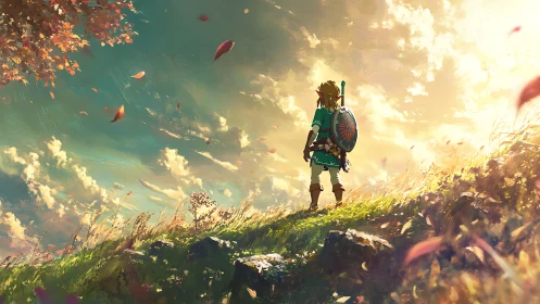 Armored figure stands on grassy slope under luminous sky