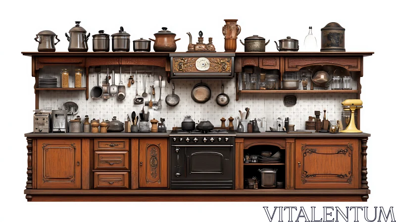 Vintage wooden kitchen unit packed with cookware and tools.