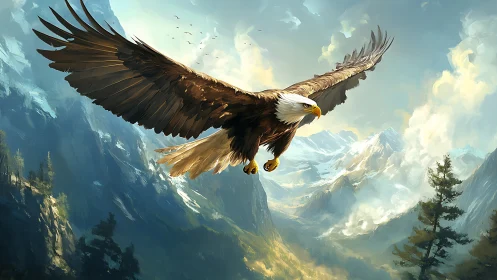 Majestic bald eagle soaring over snowy mountain landscape, digital art.