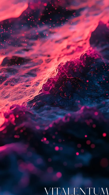 Neon pink and blue abstract waves with glowing droplets.