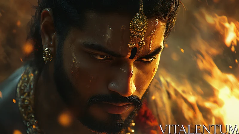 Fire-forged warrior prince in molten-gold divine focus.