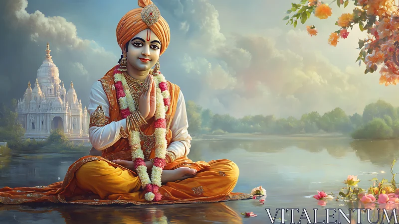 Seated robed figure poses in prayer beside reflective water