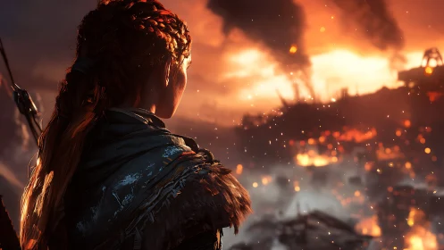 Warrior watches burning wasteland under a blazing sky.